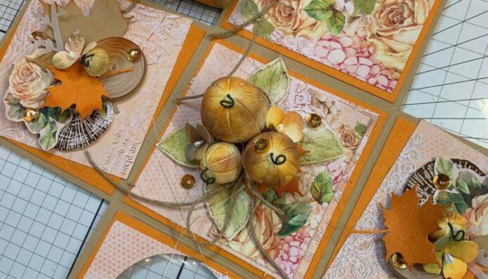 Pumpkins in open Explosion Box made by Mette Janni in TPC Magazine